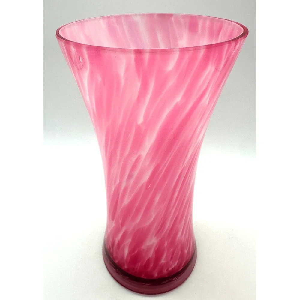 Pink White Swirl Glass Trumpet Vase 8in Fuchsia Hand Blown Flared Floral Decor